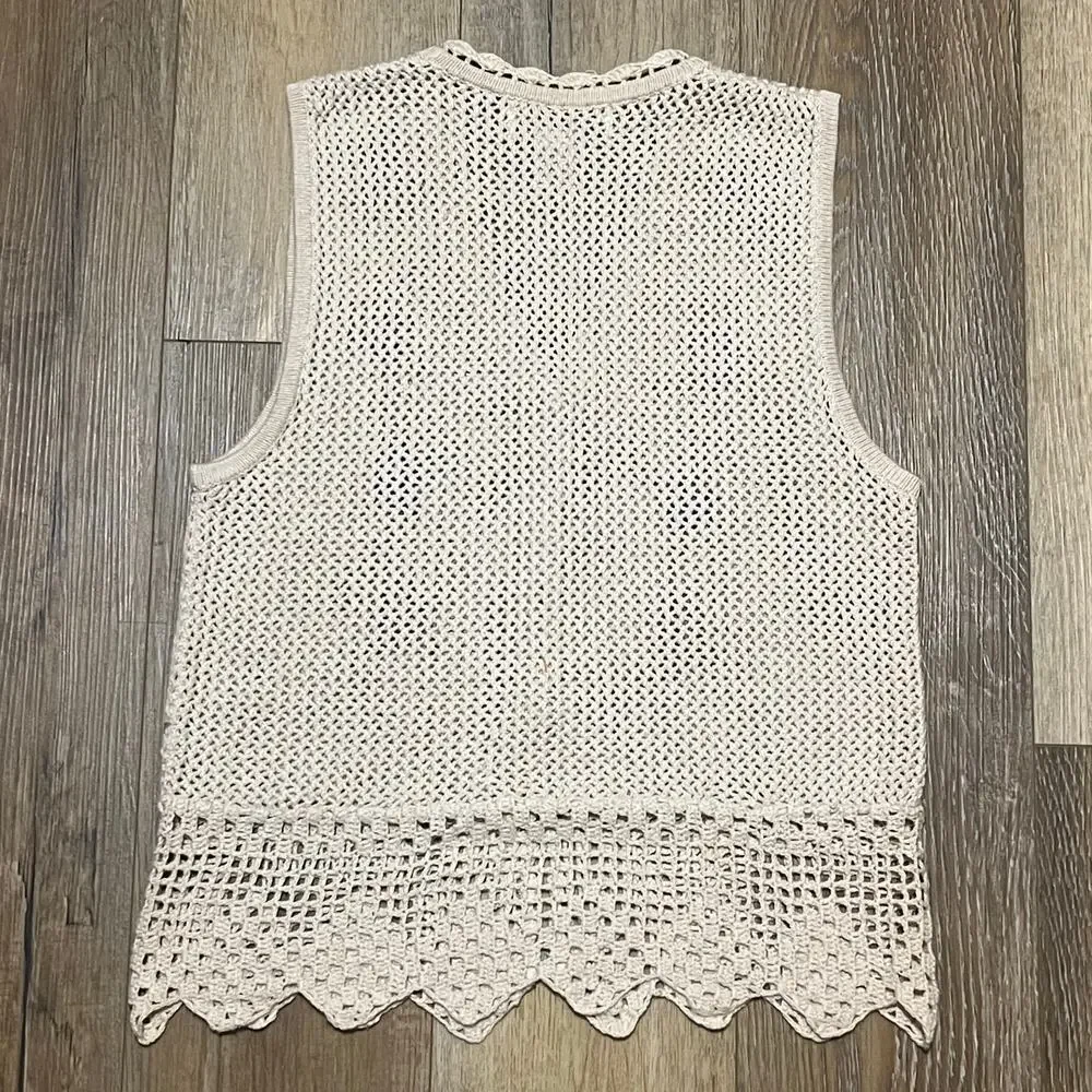 VTG Crochet Knit Floral Boho Vest Small Cream Ramie Cotton Cottagecore Hippie - Picture 5 of 7